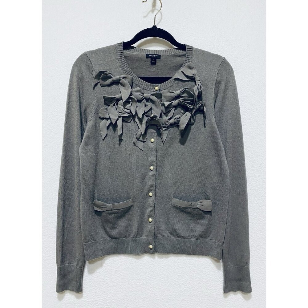 Ann Taylor Cardigan Sweater Womens Medium Gray Pearl Button Up Merino Wool Bows